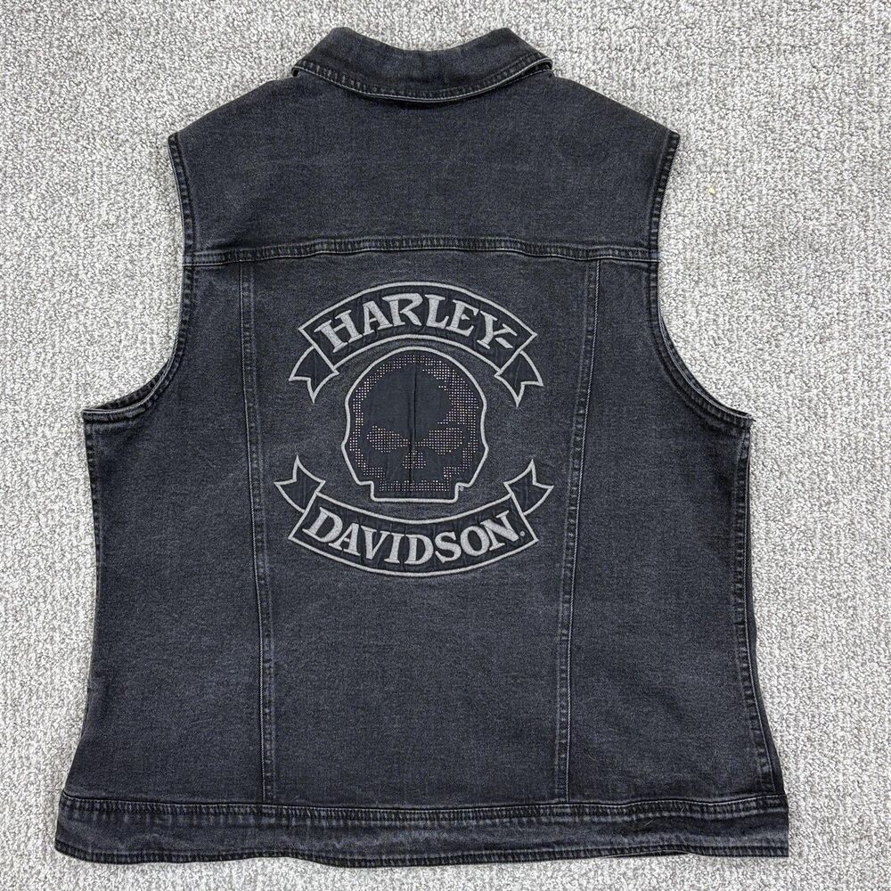 Harley Davidson Vest Womens XL Black Denim Skull Biker Sleeveless Motorcycle - Picture 2 of 8